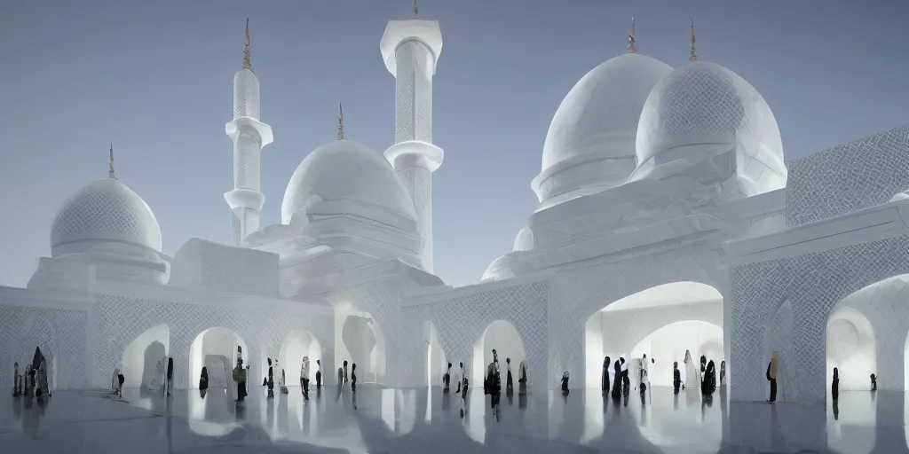 Image similar to futuristic white mosque, elegant, highly detailed,