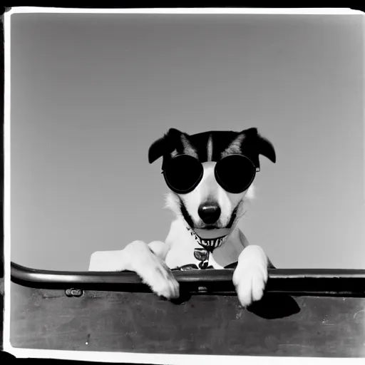 Prompt: a black and white photo of a dog wearing sunglasses on a boat flying