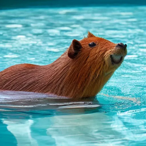 Prompt: cartoon capybara cooling off in a pool