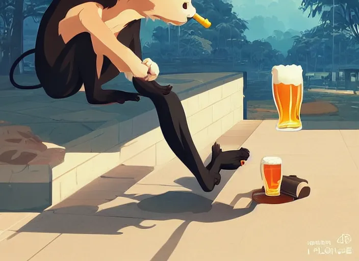 Image similar to cute monkey drinking beer. clean cel shaded vector art. behance hd by lois van baarle, artgerm, helen huang, by makoto shinkai and ilya kuvshinov, rossdraws, illustration, art by ilya kuvshinov