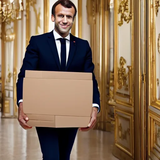 Image similar to photography, emmanuel macron carries a box, relocation, photorealistic, detailed, studio lighting, 4 k