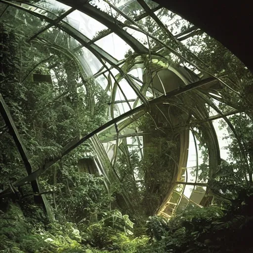 Image similar to old photo overgrown zaha hadid alphonse mucha spaceship ruins in jungle sunlight