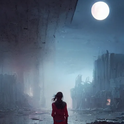 Image similar to A portrait of a teenage girl, ruins of a destroyed city, yellow-red full moon on background, techwear, dark, atmosphere, natural volumetric light, intricate, highly detailed, digital painting, concept art, sharp focus, illustration, art by greg rutkowski, matte painting, trending on artstation