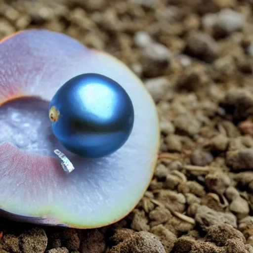 Image similar to A blue pearl instead of a core inside a split peach on the beach in the Caribbean