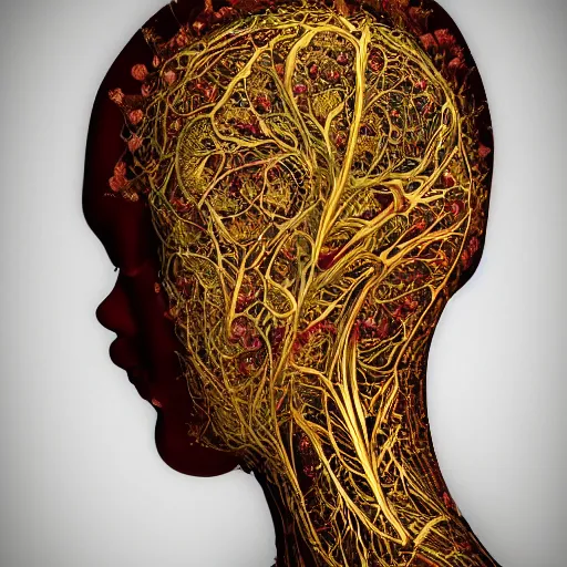 Image similar to face portrait of a beautiful woman, 150 mm, anatomical, flesh, flowers, mandelbrot fractal, veins, arteries, symmetric, intricate, golden ratio, full frame, microscopic, elegant, highly detailed, ornate, ornament, elegant , luxury, beautifully lit, ray trace, octane render in the style of peter Gric , alex grey and Romero Ressendi