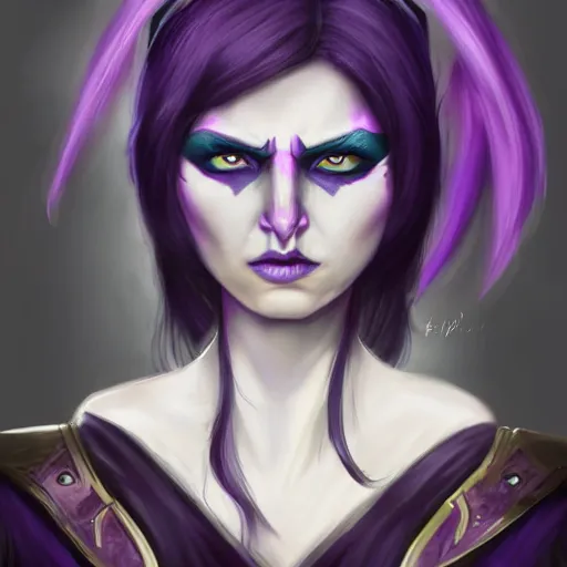 Prompt: a portrait of a tiefling with purple skin and black hair, black horns, blue eyes stunning digital painting trending on artstation