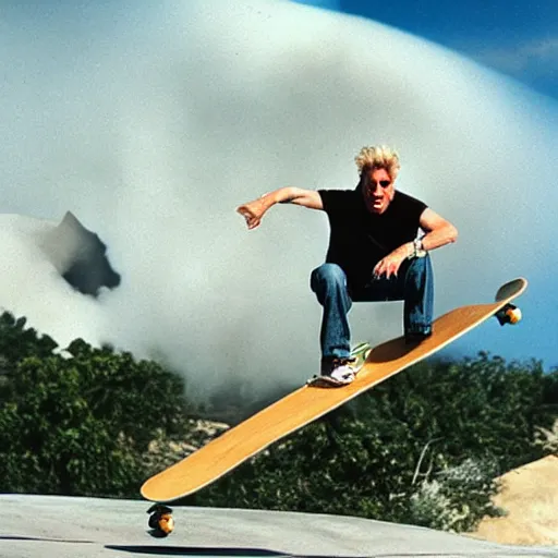 Image similar to gary busey doing a sweet skateboard trick off the lip of a volcano, movie still