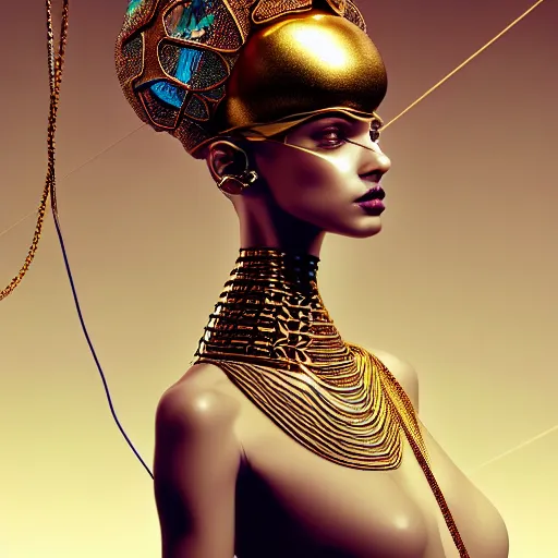 Image similar to portrait of an absurdly beautiful, graceful, sophisticated, fashionable egyptian cyberpunk mechanoid gravure idol, hyperdetailed illustration by irakli nadar, matt wisniewski style, intricate linework, fashion photography, porcelain skin, jellyfish headdress, golden cable necklace, unreal engine 5 highly rendered, radiant light, detailed and intricate environment