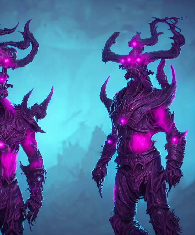 Prompt: twin xanathars made of bioluminescence slimy skin, fantasy, elegant, crisp 8 k line art, digital painting, artstation, unreal engine, octane render, emissive lighting, concept art, matte, sharp focus, hyper realistic lighting, illustration, deep royal blue and pink color scheme, art by dave kendall