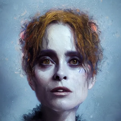 Image similar to impressionist oil painting, alien dark fae girlboss based on helena bonham carter mixed with sigourney weaver, bumpy mottled skin, big black feathered wings instead of arms, body horror, by yoshitaka amano, by greg rutkowski, by jeremy tv lipkinng, by artgerm, digital art, octane render