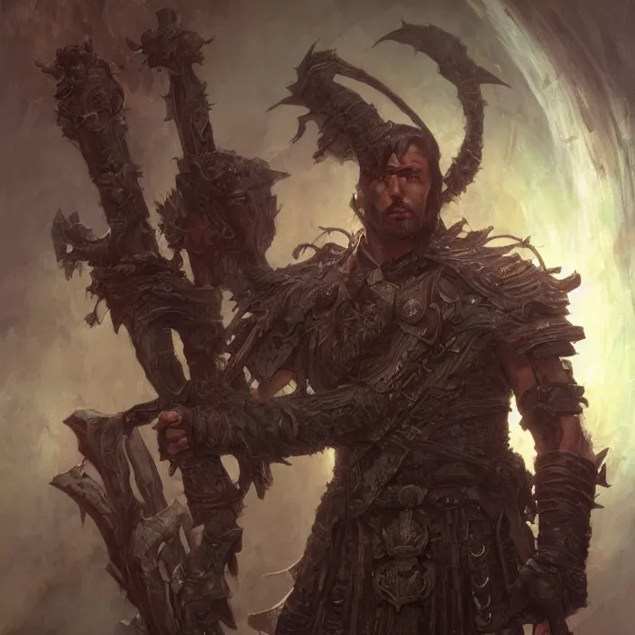 Prompt: a fantasy full - portrait painting of a male warrior in a atmospheric dark fortress, unreal 5, daz, hyperreal art by donato giancola and bayard wu and gustav moreau and wayne barlowe