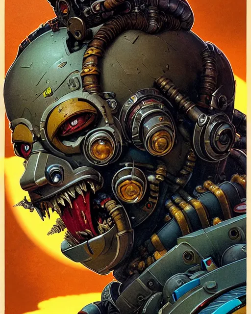 Image similar to junkrat from overwatch, slight smile, character portrait, portrait, close up, concept art, intricate details, highly detailed, vintage sci - fi poster, retro future, in the style of chris foss, rodger dean, moebius, michael whelan, and gustave dore