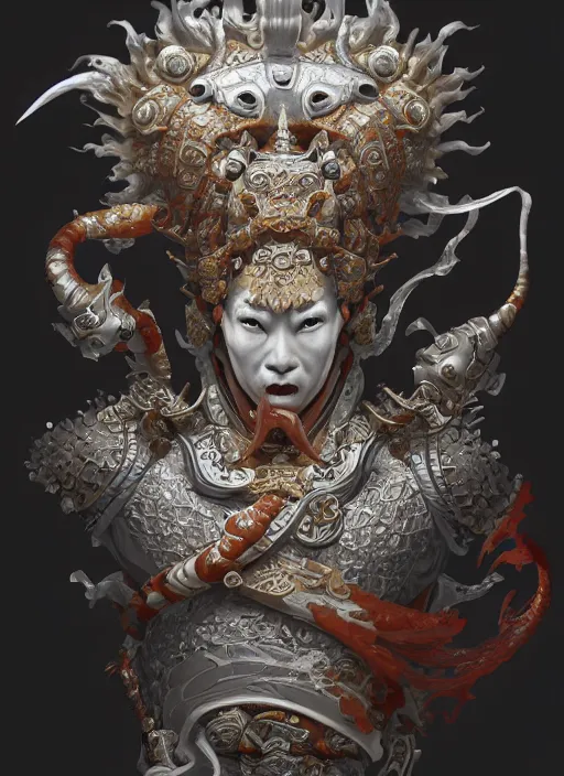 Prompt: subsurface scattering, white, koi, samurai deity with filigree chitin armor, by jesper ejsing, james jean, justin gerard, tomasz alen kopera, cgsociety and fenghua zhong, highly detailed, rim light, cinematic lighting, illustration, art, octane render, very coherent, cinematic, hyper realism, high detail, 8 k