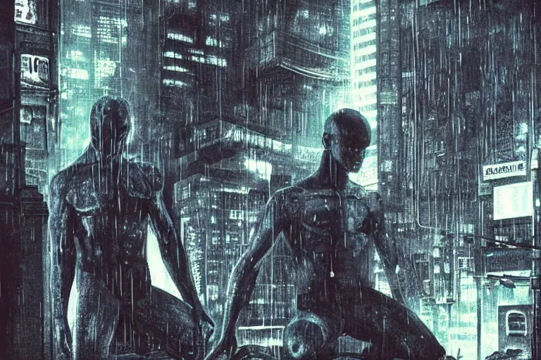 Image similar to roy batty with a bare torso sits in the lotus position with his head bowed in the rain on the roof of a building in the cyberpunk future, around neon signs, a little haze, night, realistic proportions, anime style ghost in armor