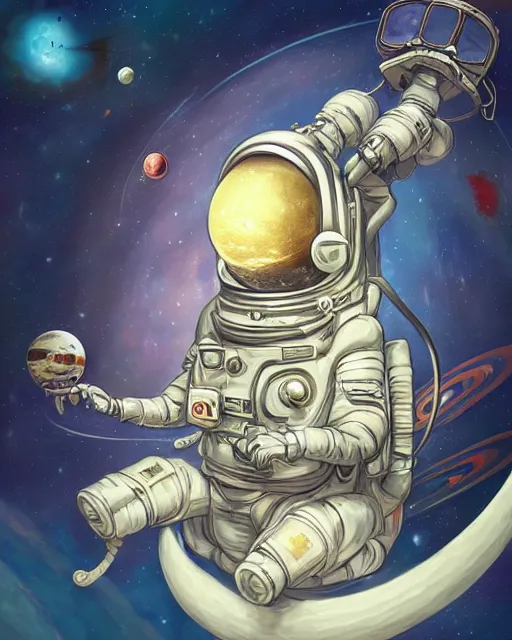 Image similar to wefie of caricature ethereal intricate cosmonaut lie relaxed on a crescent moon between the stars and the planets in outer space, cosmonaut post grunge concept art,high detail,4k, trending on artstation by Yoshitaka Amano, josan gonzalez and tyler edlin