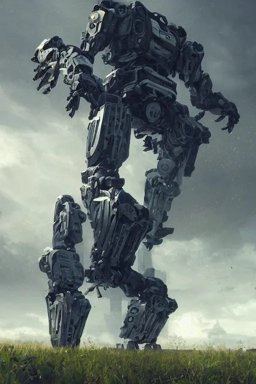 Image similar to a portrait of a giant robot laying broken in the meadow covered in plants by greg rutkowski, sung choi, mitchell mohrhauser, maciej kuciara, johnson ting, maxim verehin, peter konig, bloodborne, 8 k photorealistic, cinematic lighting, hd, high details, dramatic, dark atmosphere, trending on artstation