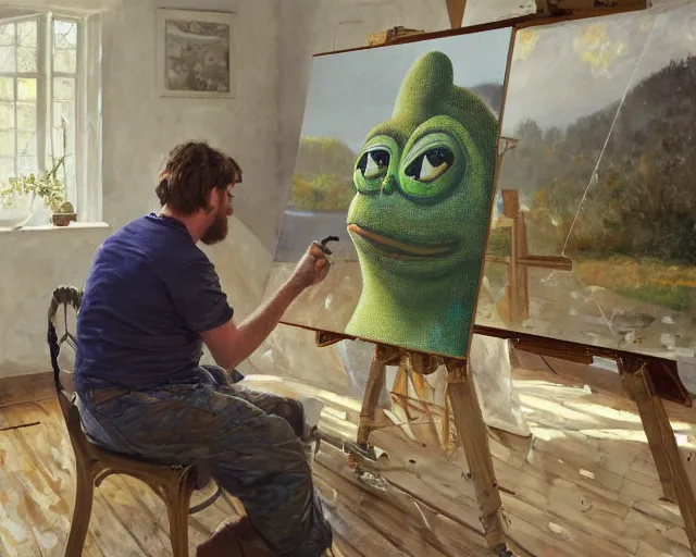 Prompt: an exhausted painter in his studio painting a picture of a pepe the frog - key lighting, soft lights, foggy, by steve hanks, by lisa yuskavage, by serov valentin, by tarkovsky, 8 k render, detailed, oil on canvas