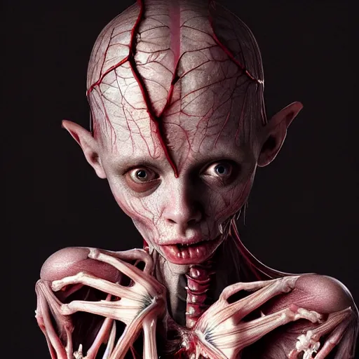 Image similar to female fairy with translucent skin, visible muscles and veins and arteries and bones and spine and nerves, beautiful detailed intricate insanely detailed octane render, 8K artistic photography, photorealistic, chiaroscuro, by David Cronenberg, Raphael, Caravaggio