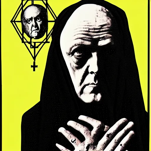 Prompt: graphic illustration, creative design, aleister crowley as a nun, biopunk, francis bacon, highly detailed, hunter s thompson, mixed media