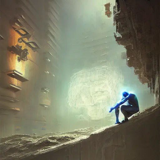 Image similar to the thinker as a cyborg, intricate, elegant, volumetric lighting, scenery, digital painting, highly detailed, artstation, sharp focus, illustration, concept art, luis rollo, ruan jia, steve mccurry, john berkey