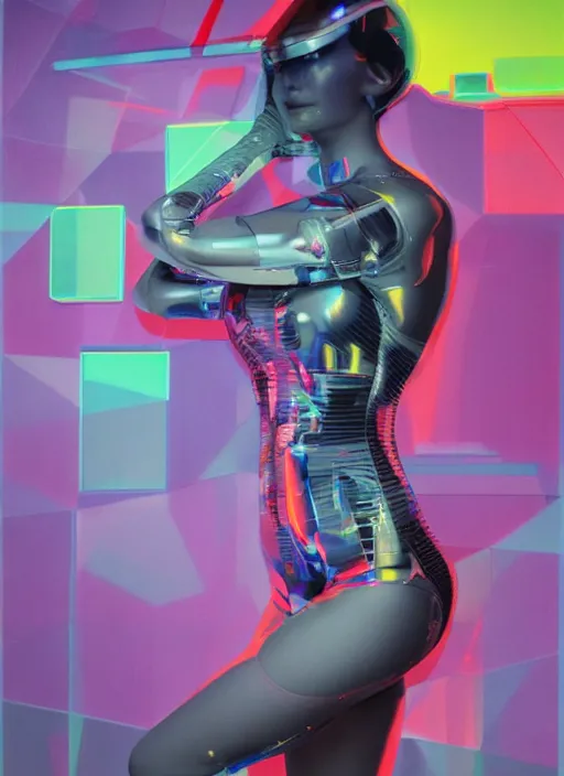 Image similar to futuristic lasers tracing, data visualization, laserpunk fullbodysuit,, pyramid visor, raindrops, wet, oiled, beautiful cyborg girl pinup, by steven meisel, kaws, james jean, rolf armstrong, cubist perfect geometry abstract acrylic, hyperrealism photorealistic airbrush collage painting, monochrome, neon fluorescent colors, minimalist rule of thirds, eighties eros