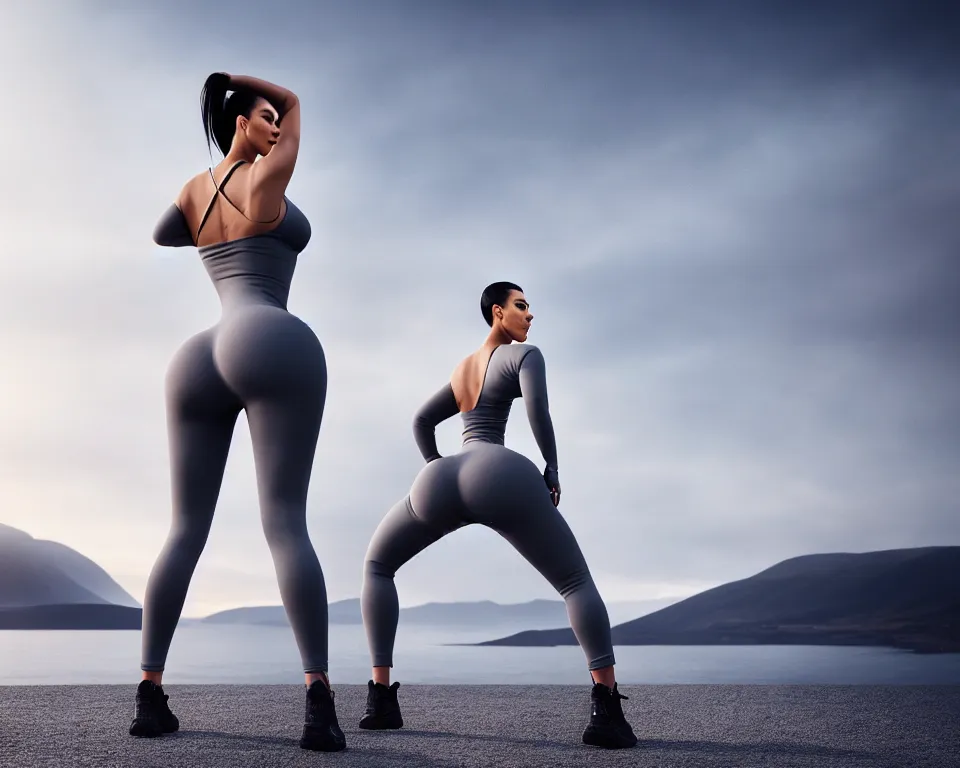 Image similar to kim kardashian, centered full body rear-shot, pov from rear, in skintight grey sportswear, real photo, photoshooting, studio light, Irish mountains background, intricate, epic lighting, cinematic composition, hyper realistic, 8k resolution, unreal engine 5