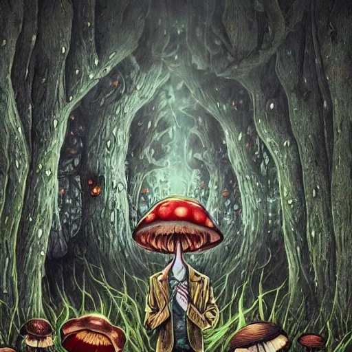 Image similar to a centered chest up portrait of a psychedelic demonic anthropomorphic forest animal in a suit smoking a hand - rolled cigarette smoking heavily, magic mushroom village in background. award winning. superb resolution. in the art style of junji ito and greg rutkowski. detailed mushroom city in background. hyper realistic anime. perfect art. dalle 2