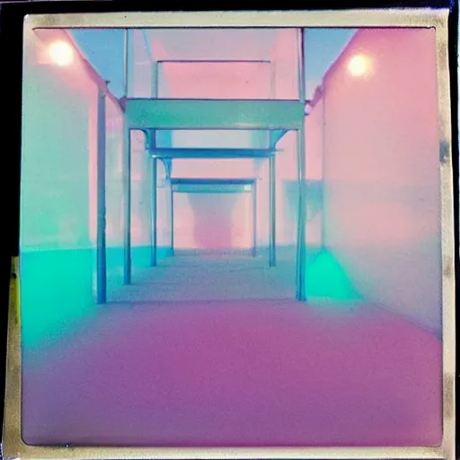 Image similar to a pastel coloured Polaroid photo of a maximalist sunbed made of transparent iridescent perspex stood in a field, beams of light, nostalgic