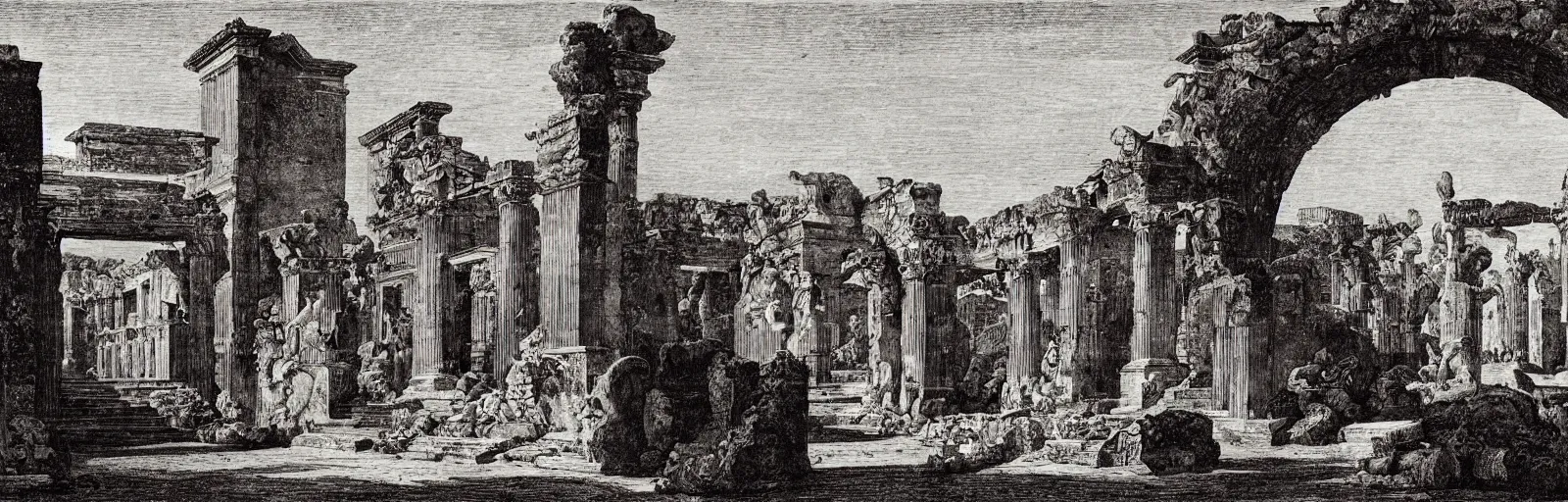 Image similar to a imaginative and theatrical view through the herculaneum gate, pompeii, etching by giovanni battista piranesi