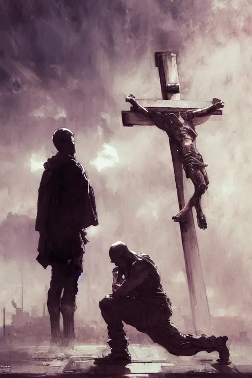 Image similar to man kneeling at the foot of a wooden cross, dramatic lighting art by Yoji Shinkawa by Richard Schmid by greg rutkowski by Sandra Chevrier by Jeremy Lipking cinematic dramatic, by frank miller, illustration by Ruan Jia and Mandy Jurgens and William-Adolphe Bouguereau, Artgerm, 4k, digital art, surreal, space dandy style, highly detailed, godsend, artstation, digital painting, concept art, smooth, sharp focus, illustration by Ruan Jia and Mandy Jurgens and William-Adolphe Bouguereau, Artgerm