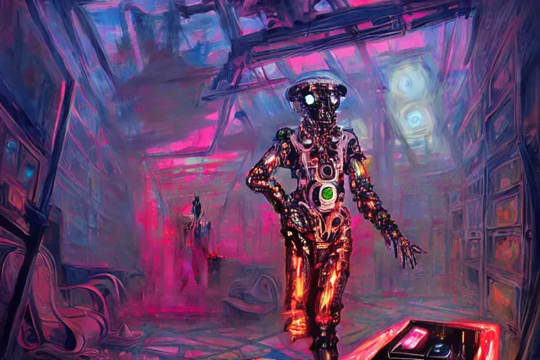 Image similar to a highly detailed beautiful masterpiece painting of a cybernetic technomancer wizard in dazzle camouflage robes with pointed hood discussing sentience with his synthesized AI djinn hologram in his laboratory near a computer by Remedios Varo and Anato Finnstark and Greg Rutkowski, dayglo pink, dayglo blue, hyperrealism, 8k, trending on ArtStation, rendered in Octane, volumetric lighting