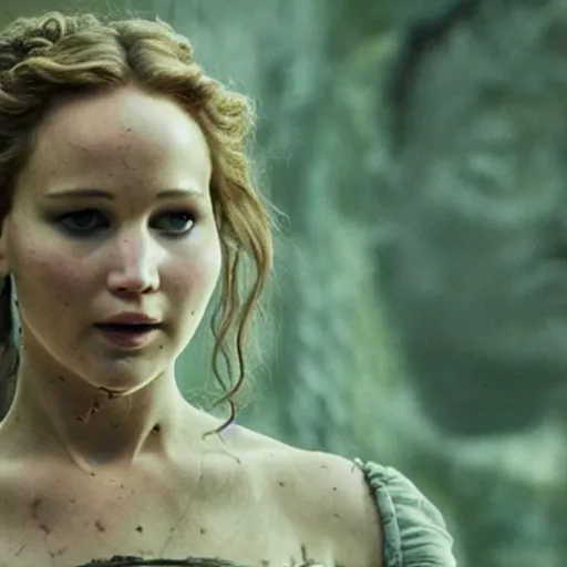Image similar to jennifer lawrence is frankenstein's monster, color photography, sharp detail, still from the movie mary shelley's frankenstein