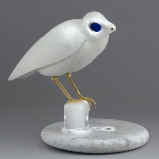 Prompt: albino higly mechanical bird, winter snow, sci-fi japanese, marble, limestone, clear glass