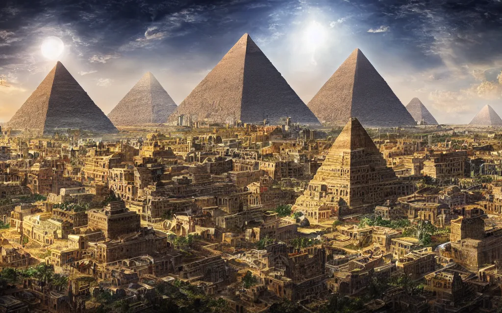 Prompt: landscape view of a tremendously advanced old world city centered around a mystical & monolithic metalic pyramid, centered with etheric energy harvesting giving limitless energy and profound technology performing magical miracles in abundance, highly intricate, digital art, very elegant, hdr 8 k, biblical art, realism, incomprehensible yet perspicious detail
