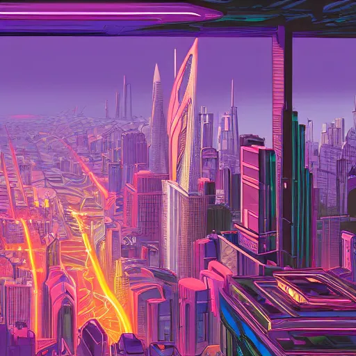 Prompt: illustration of a city in the future with lot of building and technology, Moebius, 8k, details, complex lightning, neon