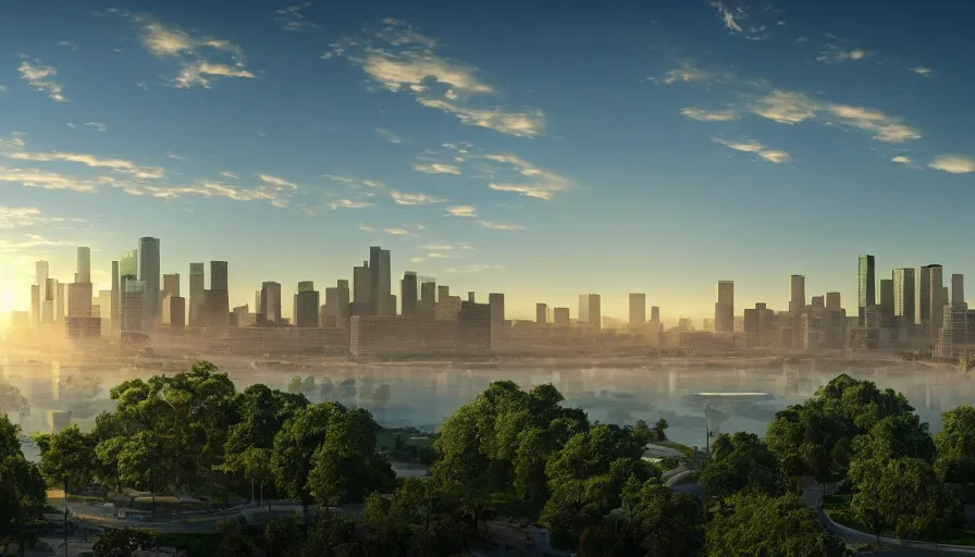 Prompt: green park in los angeles with green glass domes and a lake in middle with glass buildings far away, sunset, volumetric light view, hyperdetailed, artstation, cgsociety, 8 k