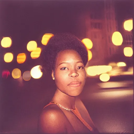 Prompt: analog medium format bokeh night flash portrait in harlem, 1 9 6 0 s, beautiful, photographed on expired film, detailed photograph