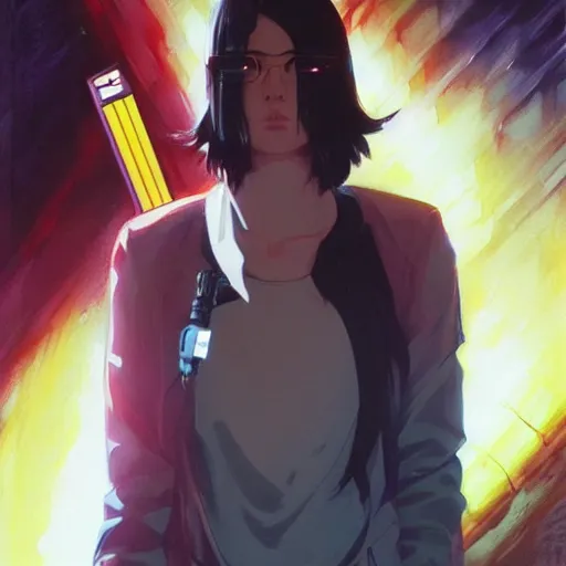 Prompt: nerd holding a blaster, very very anime!!!, fine - face, realistic shaded perfect face, fine details. anime. realistic shaded lighting poster by ilya kuvshinov katsuhiro otomo ghost - in - the - shell, magali villeneuve, artgerm, jeremy lipkin and michael garmash and rob rey