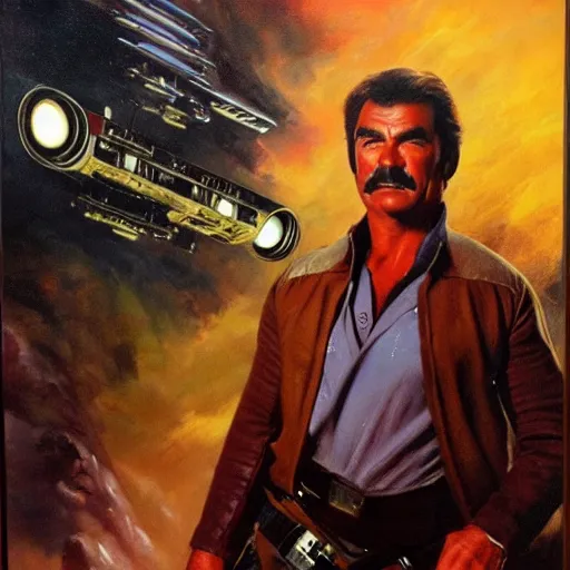 Image similar to ultra realistic portrait painting of tom selleck as han solo, art by frank frazetta, 4 k, ultra realistic, highly detailed, epic lighting