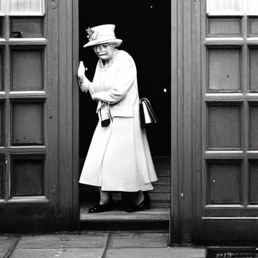 Image similar to 35mm Photograph of Queen Elizabeth II stepping out of the Tardis on a dark rainy London street