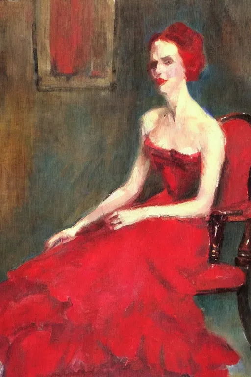 Image similar to an unworn red dress laid across a chair in a dark victorian era room. in the style of american impressionism painting. triadic color scheme