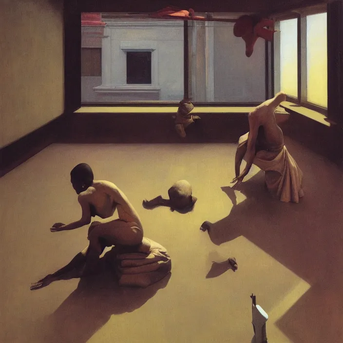 Image similar to the disinvention of time, liberation, by edward hopper and james gilleard, zdzislaw beksinski, open ceiling, highly detailed, black people, painted by francis bacon, painted by james gilleard, surrealism, airbrush, ilya kuvshinov, wlop, stanley artgerm, very coherent, art by takato yamamoto and james jean