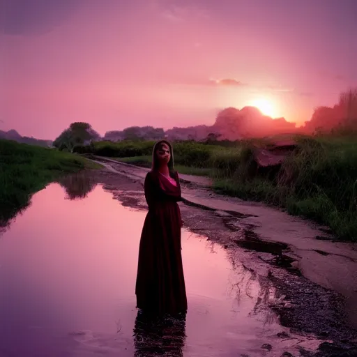 Prompt: Photo of the most beautiful woman, she is posing, she is walking on a river, she is getting ulluminated by the rays of the sunset, the photo was taking by Steve McCurry, matte painting, oil painting, naturalism, 4k, 8k