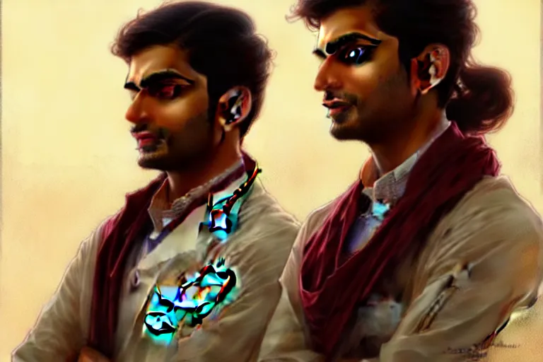 Image similar to Anxious good looking pale young Indian doctors wearing American clothes at the airport, portrait, elegant, intricate, digital painting, artstation, concept art, smooth, sharp focus, illustration, art by artgerm and greg rutkowski and alphonse mucha