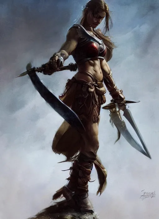 Image similar to hyper realistic warrior girl with sword in her hand, full body, rule of thirds, human proportion, good anatomy, beautiful face, conceptart, saturated colors, cinematic, vallejo, frazetta, greg rutkowski, trending on artstation