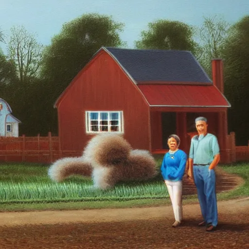 Image similar to mom, dad and baby standing in front of a 1960's farm house, with A brown poodle running around, in the style of thomas kincade