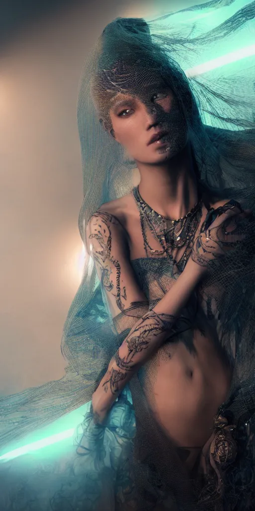 Image similar to hyperrealistic futuristic high fashion photography, girl in studio, by luis royo, asian, vogue magazine, nomad masterpiece, neon lights, smoke, covered in veils, beautiful intricate face and flawless skin, tribal jewelry, tattoos, by Edgar Maxence and Ross Tran and Michael Whelan, 8k, octane render