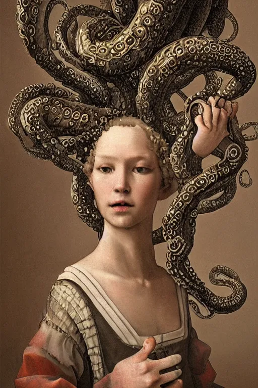 Image similar to a beautiful ultradetailed painting of kitchen maid, made with fractals of tentacles, smoke, marble and wooden from norse pantheon covered in lightning and fire spell, andres rios, jan urschel, jan vermeer, trending on artstation, detailed wood carving.