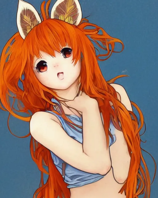 Image similar to A cute frontal painting of a very very beautiful anime skinny foxgirl with curly orange colored hair and fox ears on top of her head wearing a white short t-shirt with quake 3 symbolic looking at the viewer, elegant, delicate, soft lines, higly detailed, smooth , pixiv art, ArtStation, artgem, art by alphonse mucha charles reid and Gil Elvgren, high quality, digital illustration, concept art, long shot