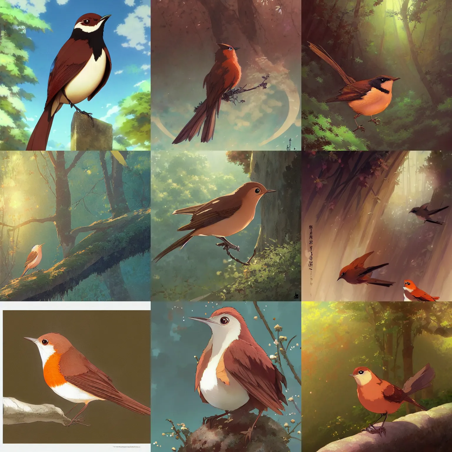 Prompt: a rufous nightingale anime style painted by greg rutkowski makoto shinkai takashi takeuchi studio ghibli